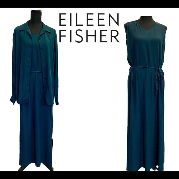 Eileen Fisher dark teal 100% silk two piece dress blouse set Sz M - Picture 1 of 16